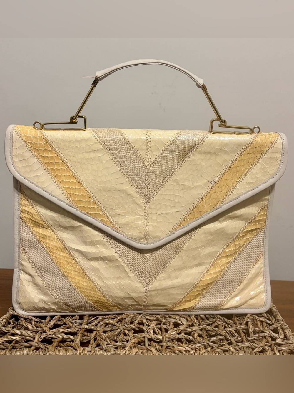 Vintage Luca by Valon Snakeskin Clutch Shoulder Bag Patchwork Cream Gold MCM